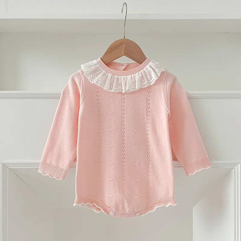 Infant Baby Girl Romper Knit Ruffle Newborn Hollow Out Long Sleeve Toddler Knit Jumpsuit Princess Lace Romper Spring Clothing