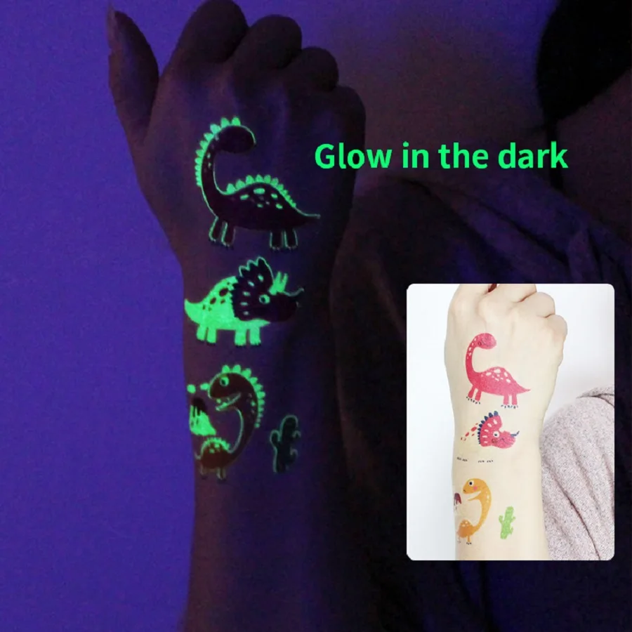 12 ورقة تتوهج في الظلام ديناصور الوشم مقاوم للماء المؤقتة T-ريكس التيروصور الاطفال هيئة الفن لوازم الحفلات تخزين ستوفير جودي