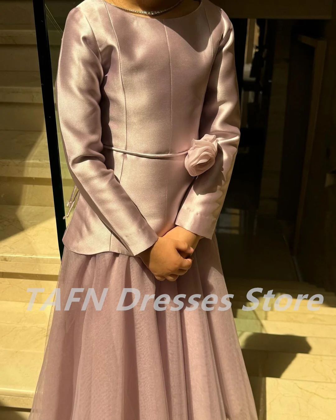 TAFN A-line Girl Evening Dresses O-Neck Full Sleeves Pink Draped vestidos para niñas Pleat Rose Children Party Gown Customized