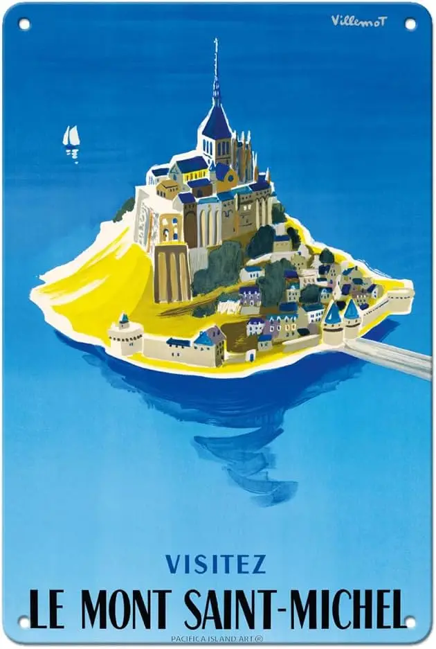 Pacifica Island Art Visit Le Mont Saint-Michel - Normandy France - Vintage Travel Poster by Bernard Villemot c.1955-8 x 12 inch