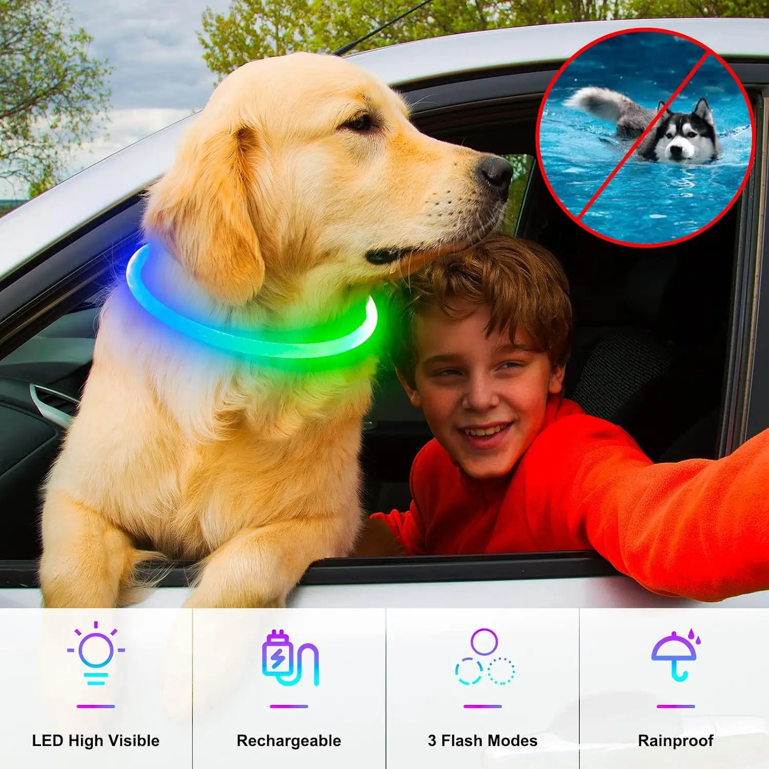 1 طوق كلب Dlitk LED قابل لإعادة الشحن عبر USB، طوق مضيء للكلاب بحجم القطع من مادة TPU، ضوء طوق كلب، يرجى عدم استخدام الشحن السريع