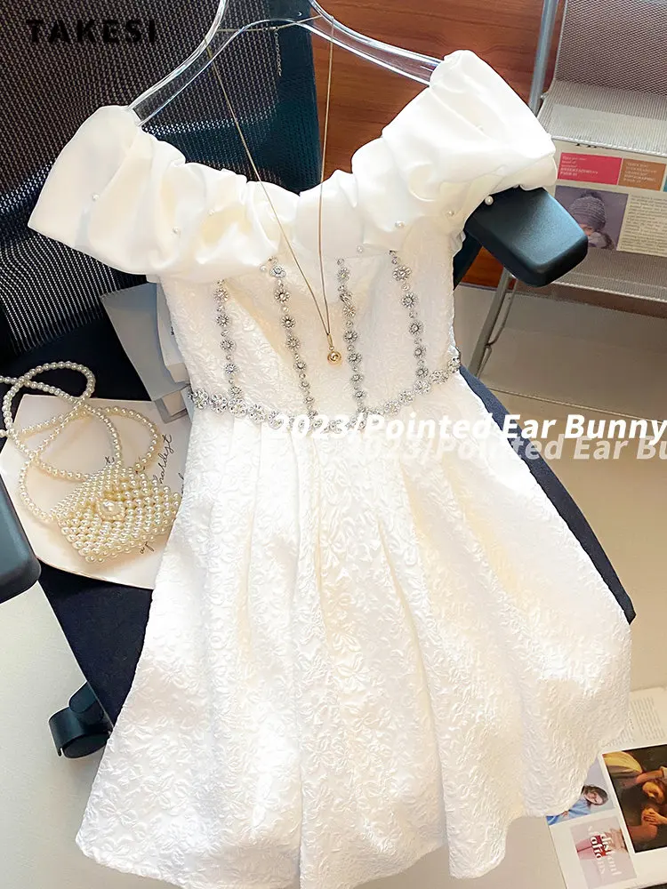 

Women's Luxury Strapless Embroidered Flares White Dresses 2023 Summer High Waist Chiffon Elegant Slim Fit Evening Dress