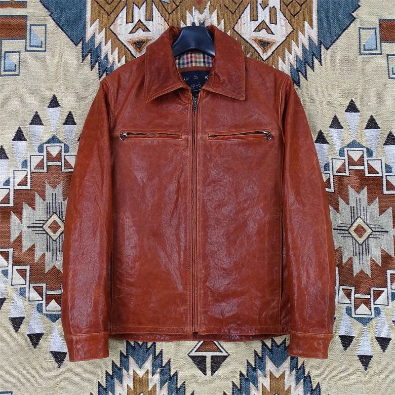 

Full vegetable tanned sheepskin leather jacket for men slim fit thin lapel classic multi-pocket casual light old style