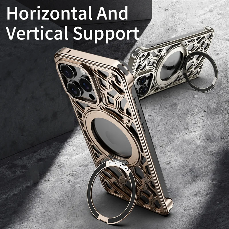 Luxury Metal Alloy Phone Case For iPhone 16 15 Pro Max 360°Rotating Bracket Magsafe Lens Protect Shockproof in-vehicle Cover