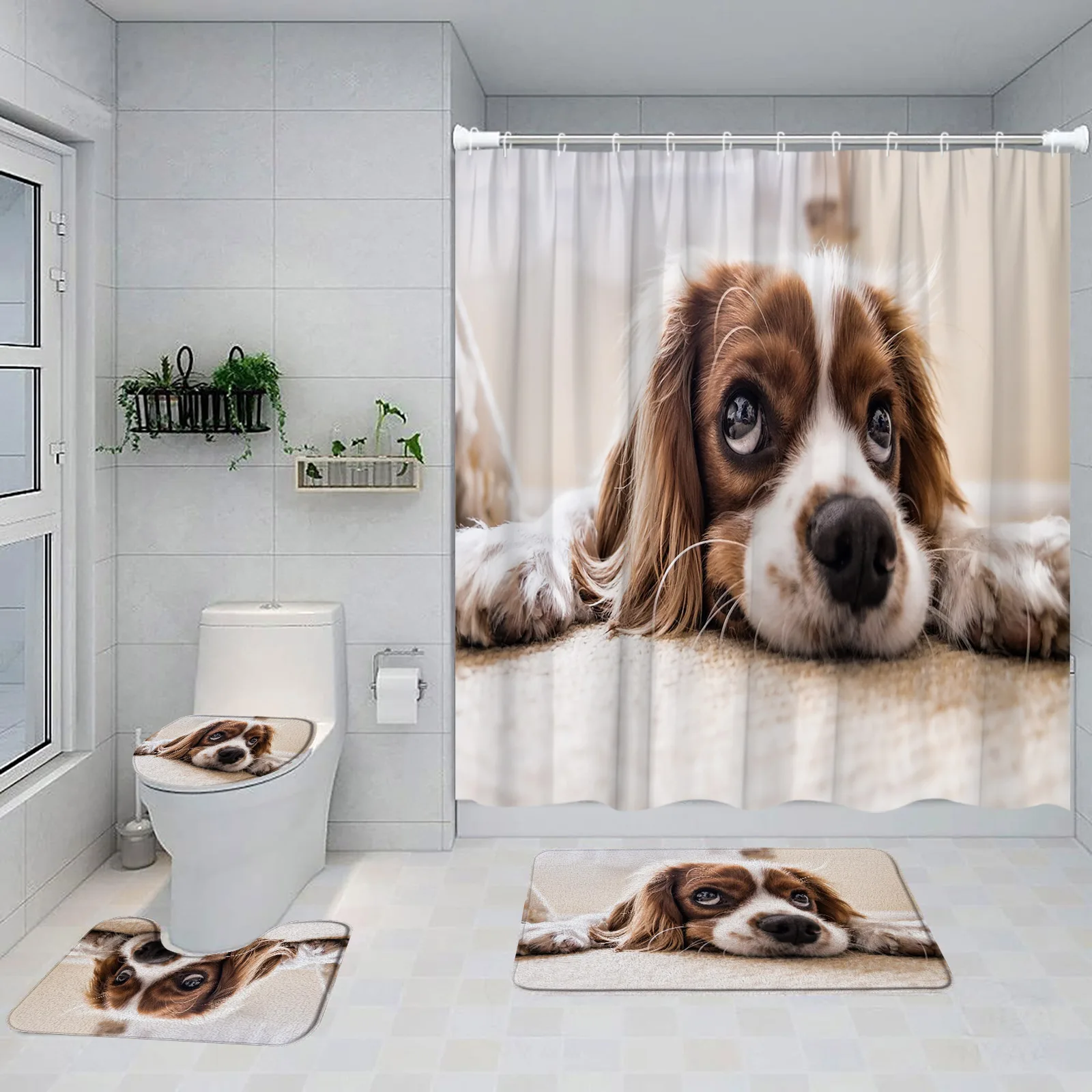 Funny Dog Shower Curtain Set Cute Animal Pet Grey Bath Curtain Home Bathroom Decor Carpet Non-Slip Rug Bath Mat Toilet Lid Cover