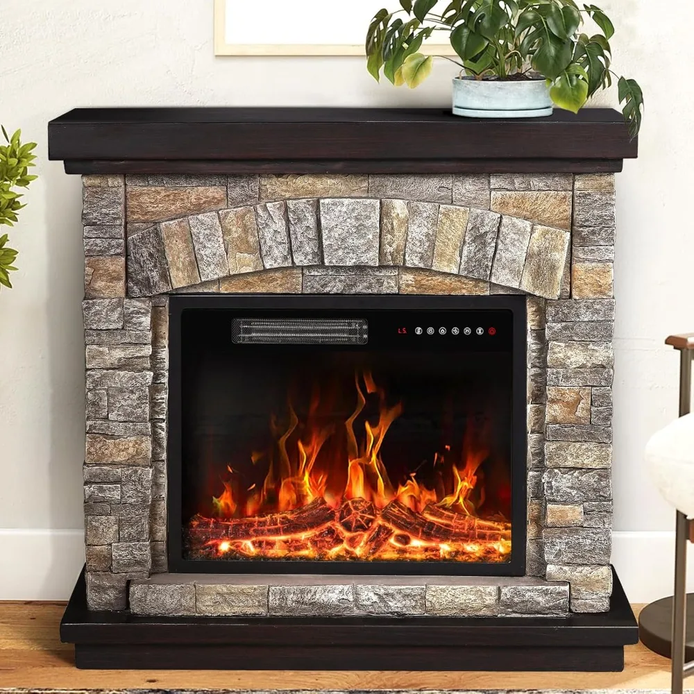 

Freestanding Stone Electric Fireplace with Mantel and TV Stand, Remote Control Included, Realistic Flame Effects