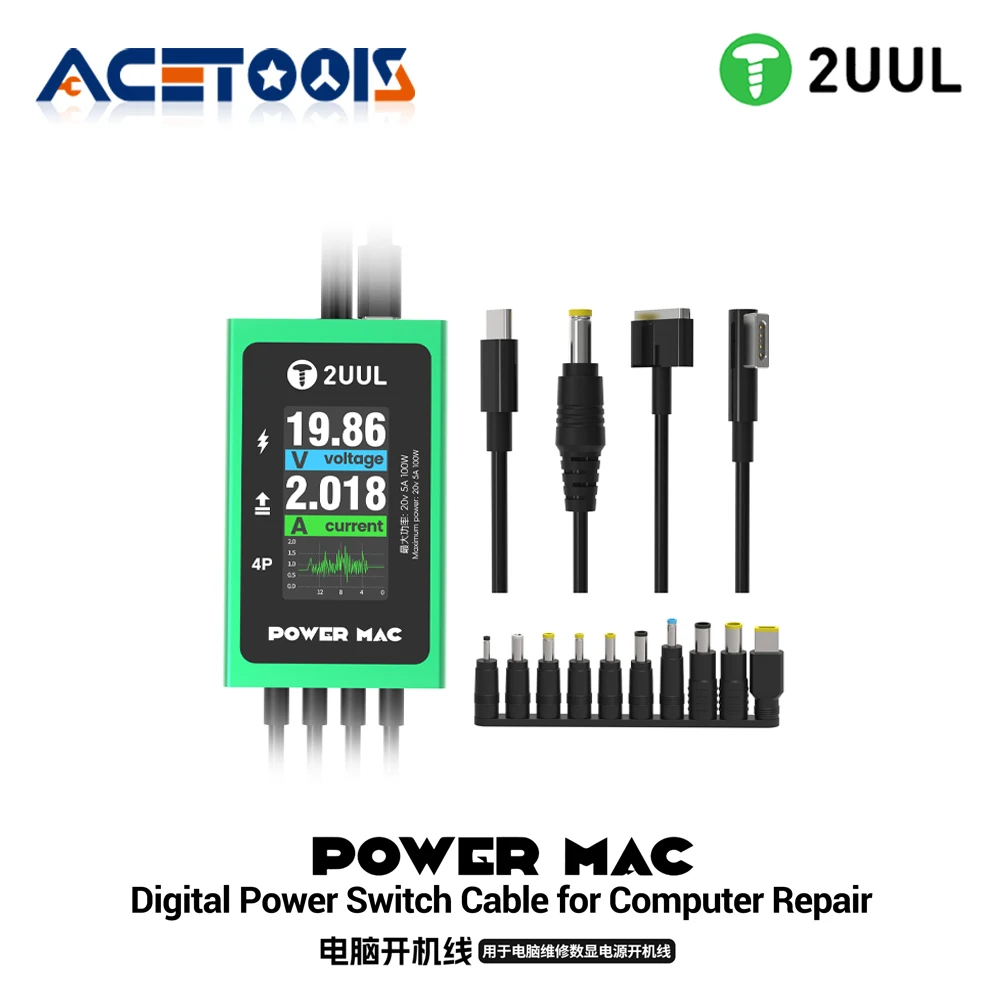 

2UUL PW08 POWER MAC Digital Power Switch Cable for Laptop Computer Repair Dual Input Type C Banana Plug with 10 Adapters Tool