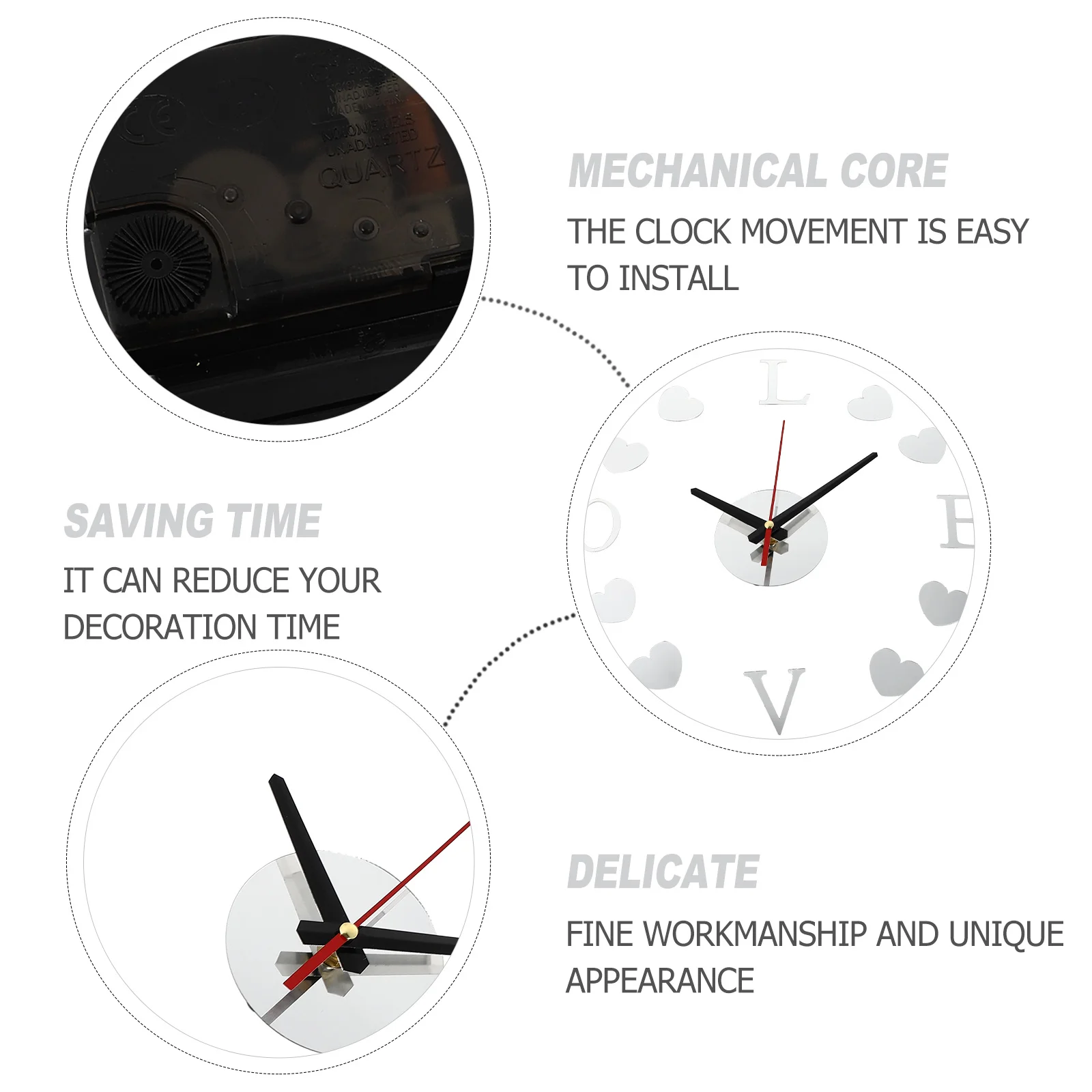 

1Pcs Heart Shape Acrylic Mirror Wall Clock DIY Frameless Sticker Paste Design Decorative Clock Home Office Living Room Wall