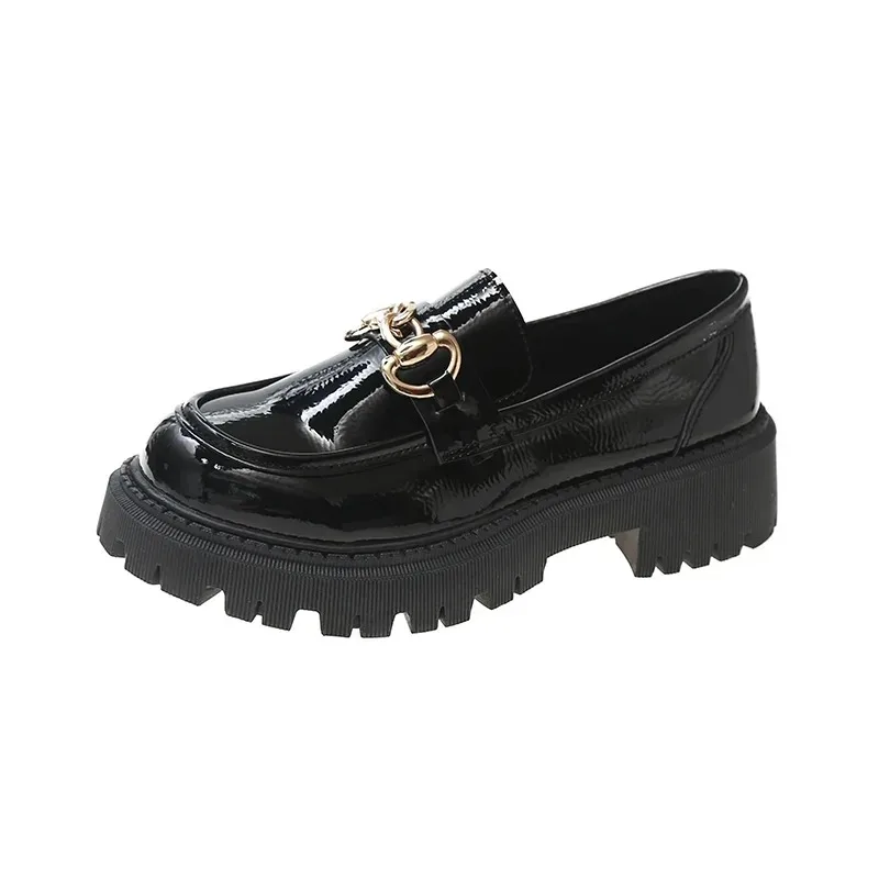 2024 Female Shoes Women Fashion  Round Toe Flats Loafers Oxfords Platform Casual Metal Chain Buckle Ladies Heels Black