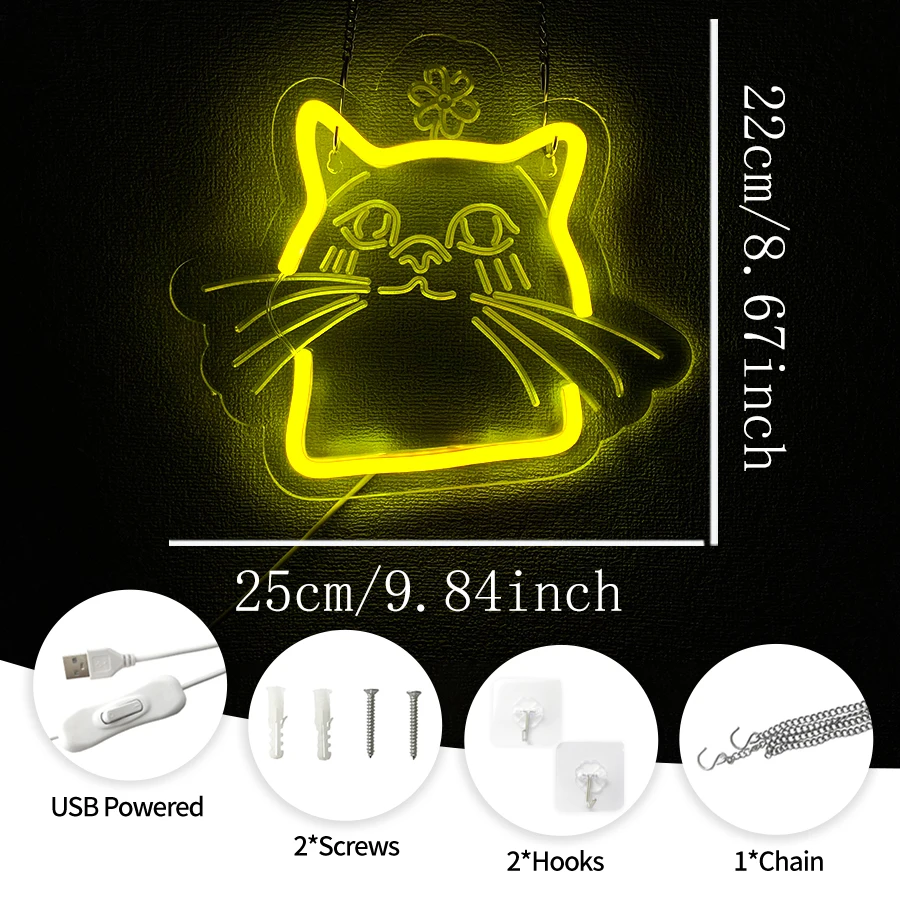 لافتة نيون LED على شكل قطة صفراء، أيقونة حيوانات منحوتة ثلاثية الأبعاد، تستخدم لغرفة النوم، ومتجر الحيوانات الأليفة، والبار، وديكور الحفلات، وهدايا عيد الميلاد للرجال والفتيات