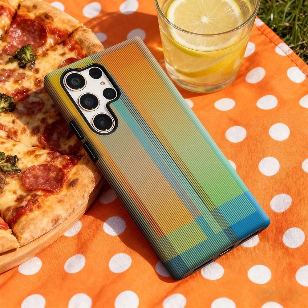 حافظة هاتف بخطوط متدرجة ملونة هندسية لهاتف سامسونج جالاكسي S25 Ultra S24 S23 Ultra Plus غطاء خلفي لامع بطبقة مزدوجة