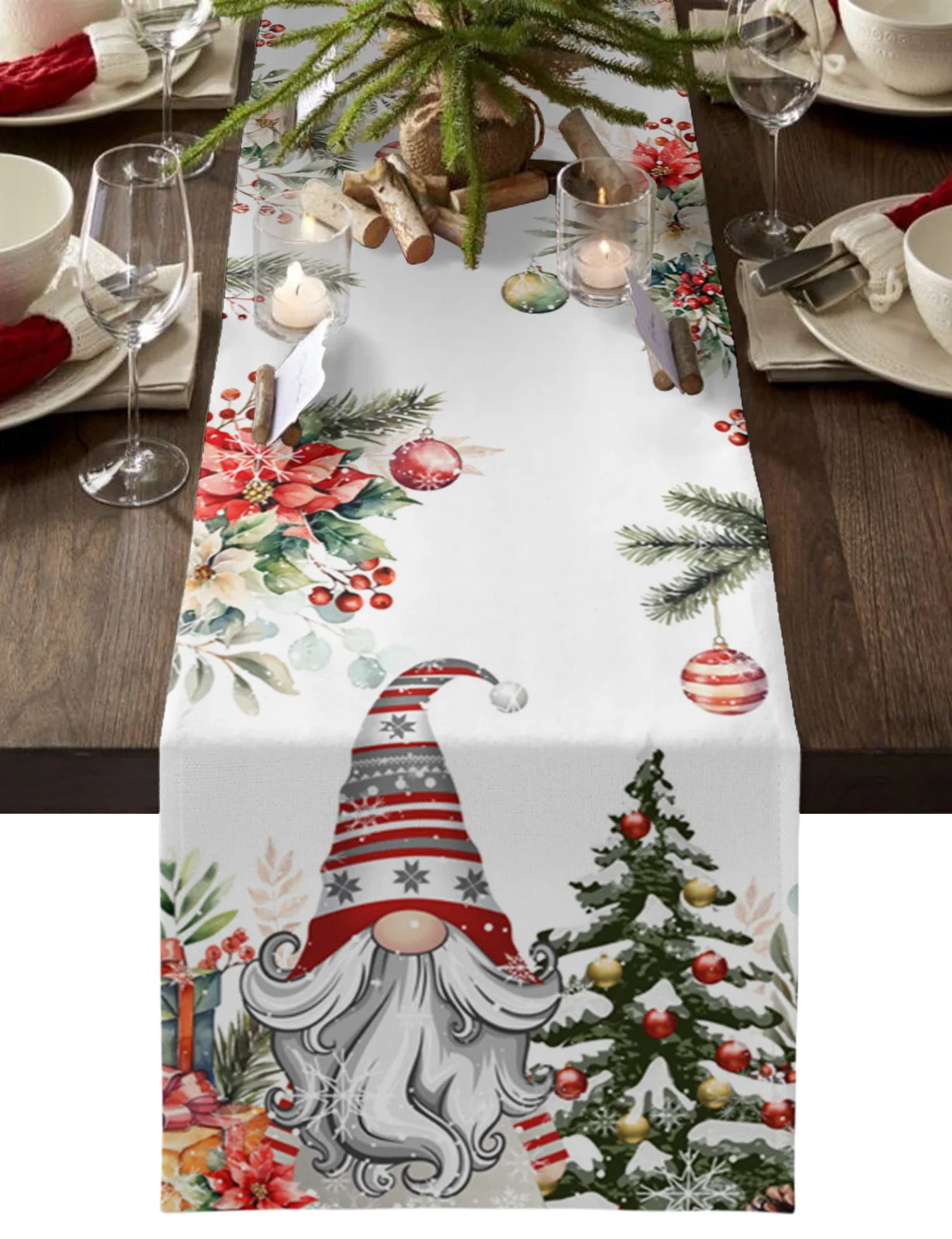 Christmas Gnome Berries Fir Leaves Table Runner Cloth Table Decor 2024 Home Tablecloth Xmas Ornament Navidad Natal New Year Gift