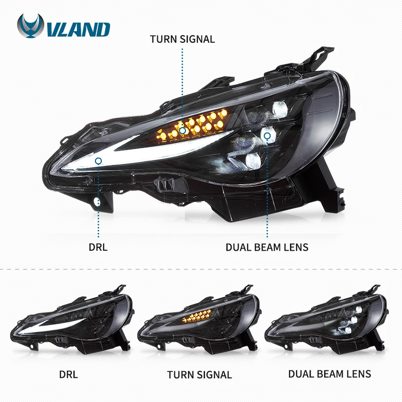 VLAND Manufacturer Assembly Full LED Headlights 2012-UP Scion FR-S Sequential Car Headlights for Toyota FT86 GT86 BRZ Front Lamp