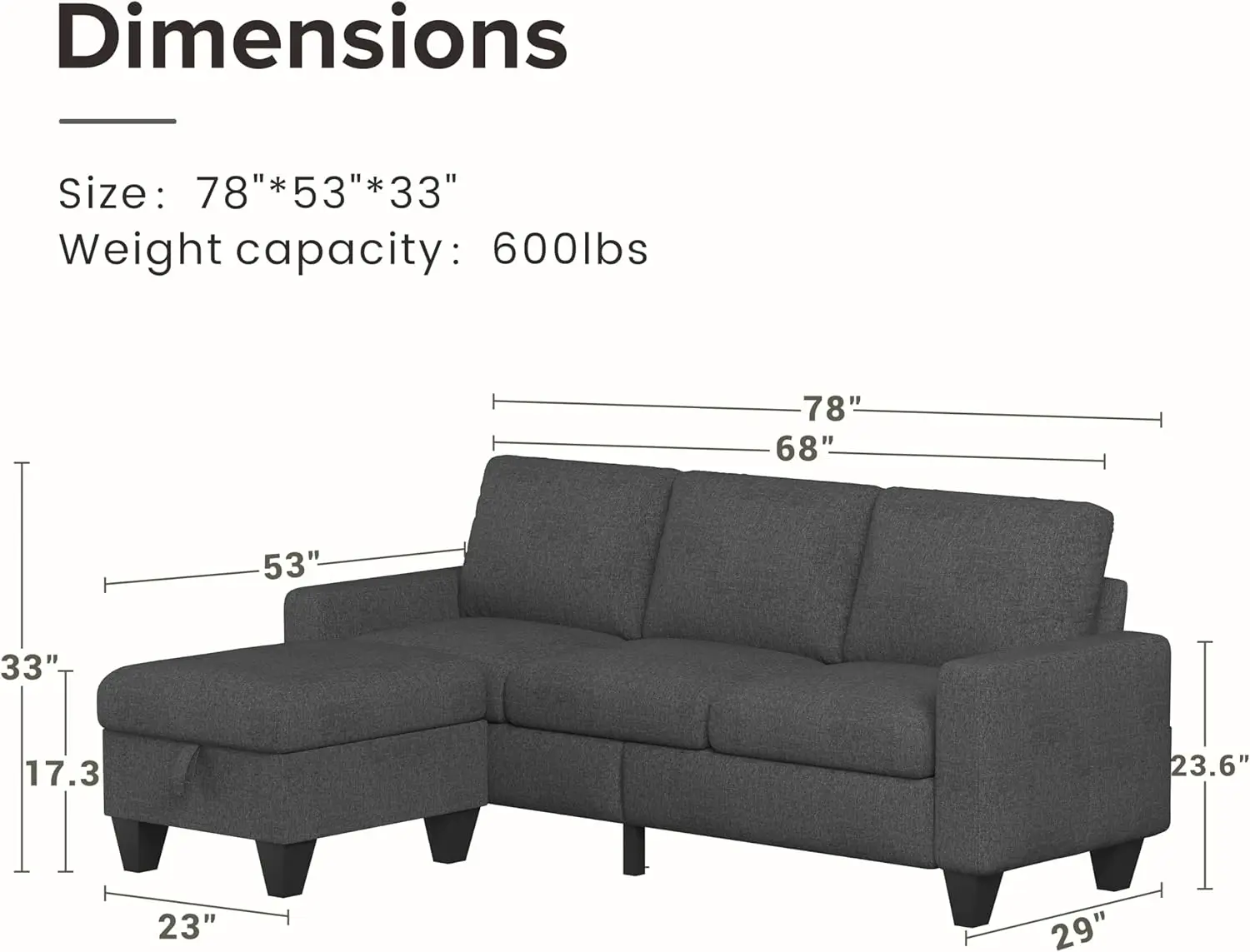 Sectional Sofa Couch, Dark Grey 3 Seat L-Shaped Couch with Storage Ottoman, Modern Linen Fabric Couches for Living Room, Apartme