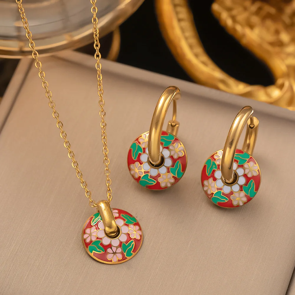 New Fashion Stainless Steel Ethnic Style Ear Hoop Flower Round Pendant Necklace Earrings Set Trend Choker Neck Chain Jewelry