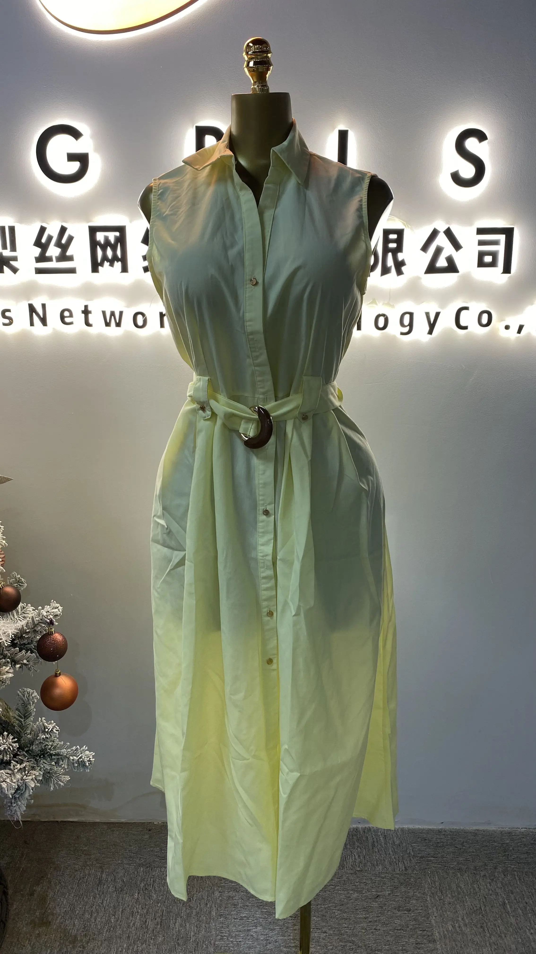 

Green collared sleeveless belted casual and stylish summer women's shirt dress-GZXX060