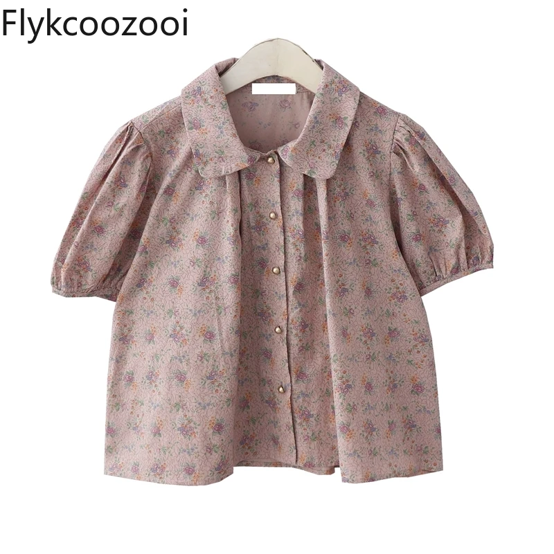 new summer forest style retro doll collar loose slimming small floral cotton puff sleeve shirt women's tops blouse women