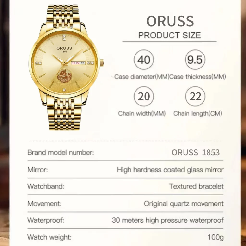ORUSS оригинальные мужские часы из нержавеющей стали с двойным календарем, водонепроницаемые светящиеся роскошные золотые часы, модные кварцевые мужские наручные часы, новый бренд