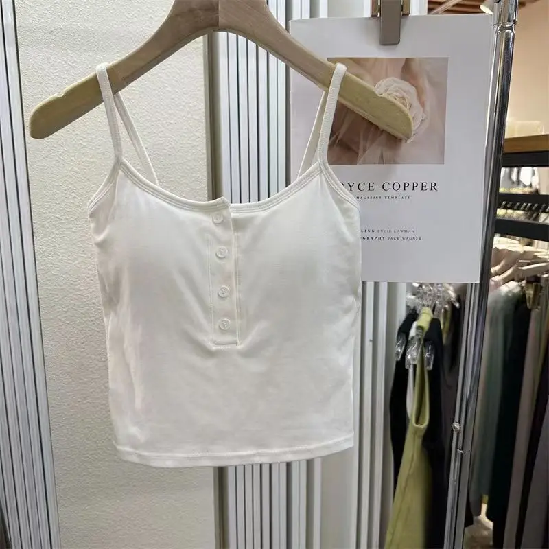 White Stripe Small Cami Women Autumn Gyaru Sexy Button Slim fit Short With Chest Pad Top
