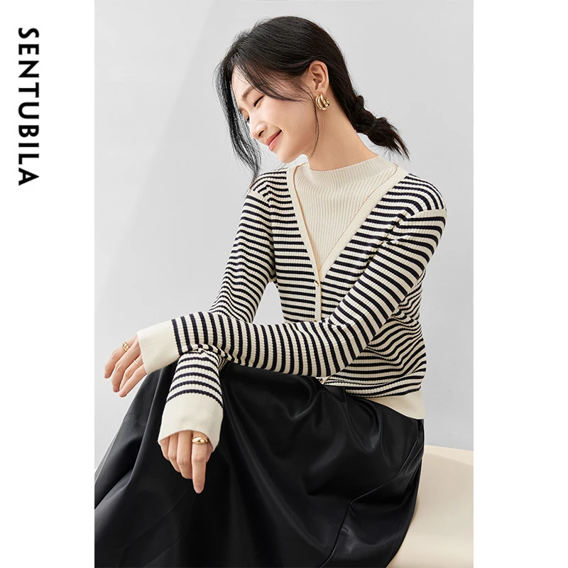 SENTUBILA Spliced Striped 2 w 1 Cardigan for Women 2024 Autumn Casual Loose Stand Neck Long Sleeve Odzież damska W43E56737