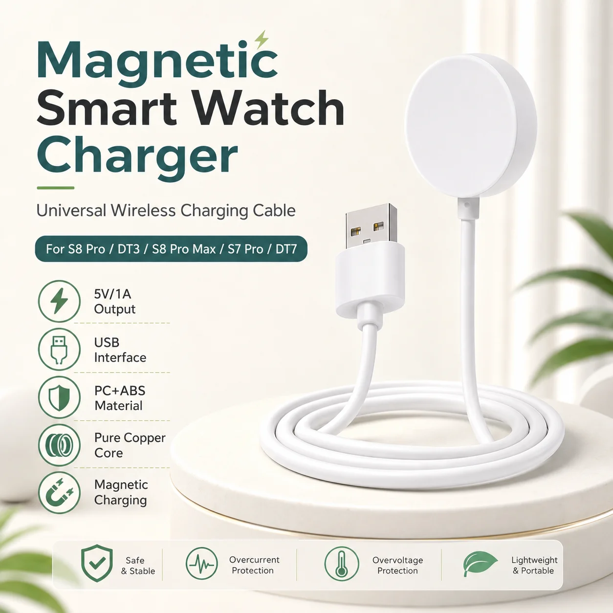 Magnetic Wireless Charging Cable Compatible with S8 Pro S8 Pro Max DT3 S7 Pro DT7 Smart Watch USB Charger Replacement Power Cord