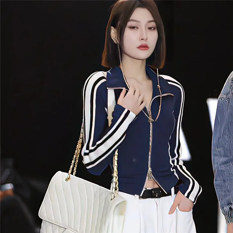 Casual Sports Coat Women Spring Long Sleeve Zipper Striped Jacket Korean Fashion Vintage High Street Cool Girls Grunge Y2k Tops