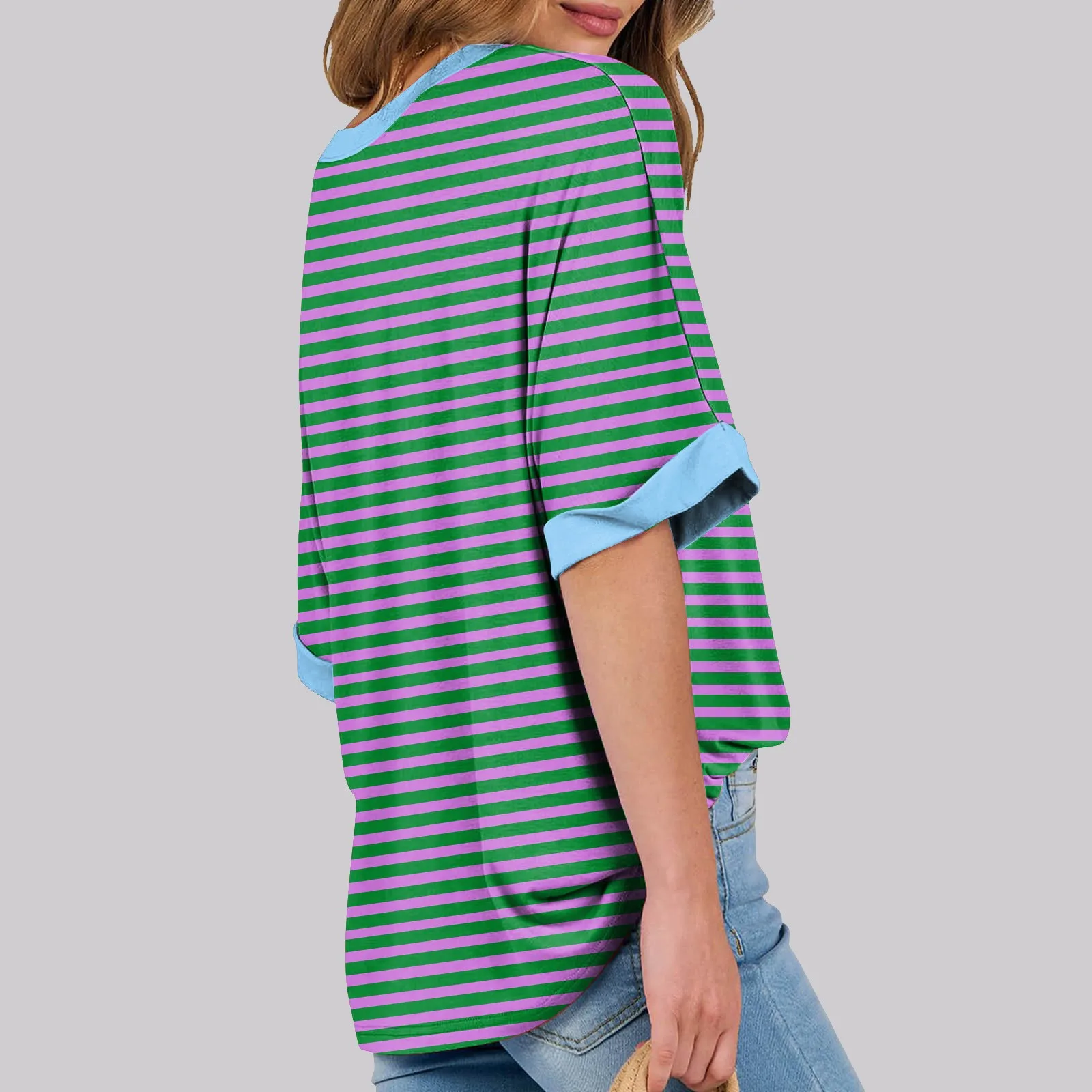 

Women Loose Oversized T-Shirt Gradient Striped Printing Top Rround Neck Shoulder Length Short Sleeved T-Shirt футболка оверсайз