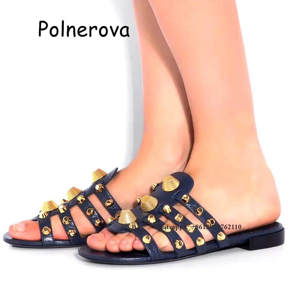 Pantofole solide con punta tonda rivetto in metallo piatto con scarpe da donna estate Casual spiaggia stile occidentale pantofole da donna di grandi