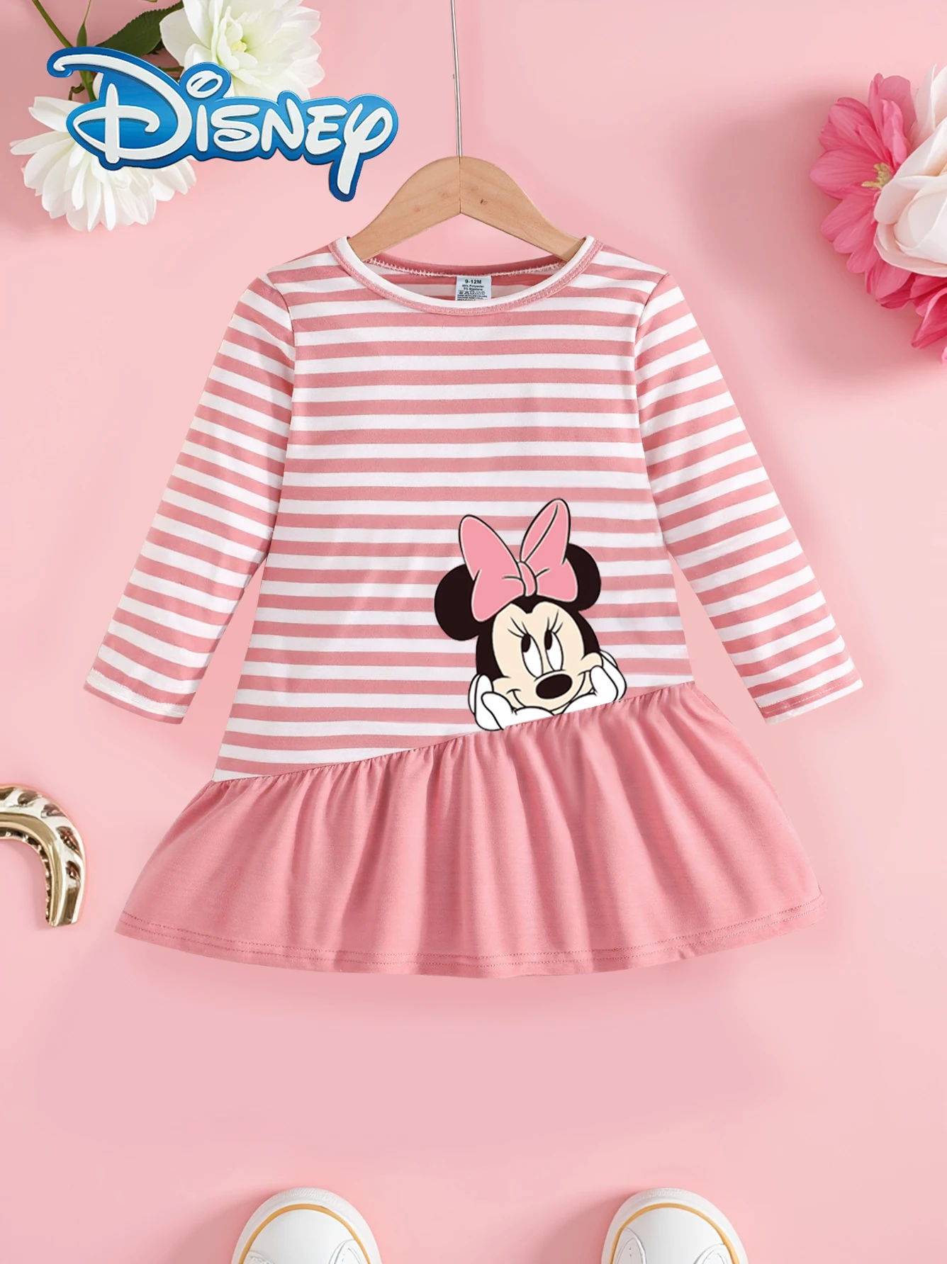 

【Официально лицензированное】Осеннее, осеннее и зимнее повседневное платье для маленьких девочек, милое детское платье с рисунком Минни Маус, розовое и белое полосатое платье с длинными рукавами, детская повседневная одежда для игр на открытом воздухе, иде