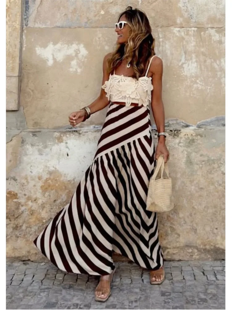 กระโปรงลายทางวันหยุดสำหรับผู้หญิง แฟชั่นเอวสูงทรงหลวม กระโปรงยาวลำลองสไตล์ Y2k สำหรับใส่ไปเที่ยวชายหาดหรือเดินเล่น เสื้อผ้าผู้หญิงแบบใหม่