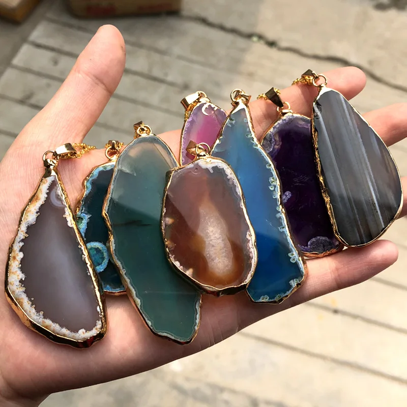 

Plated gold-edged agate wind chime piece, landscape piece pendant, colorful natural agate raw stone sliced necklace