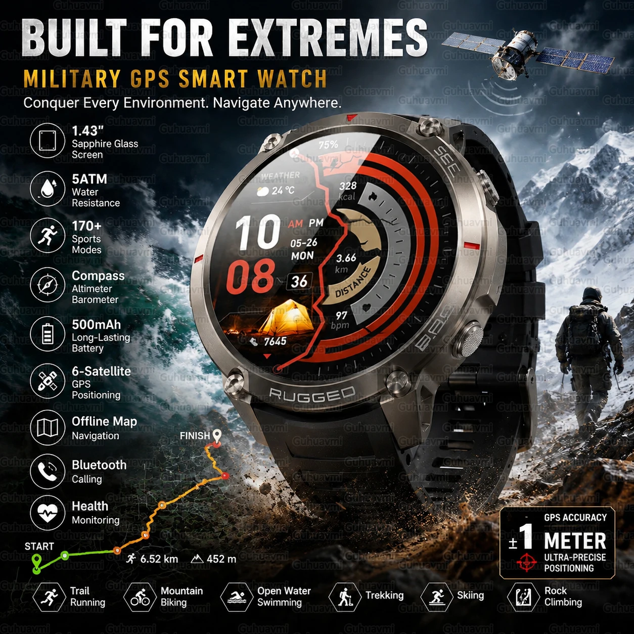 

Accurate GPS Smartwatch 1.43'' AMOLED Offline Map Compass Altimeter Barometer 5ATM Waterproof Swimming Sports Smart Bracelet Men