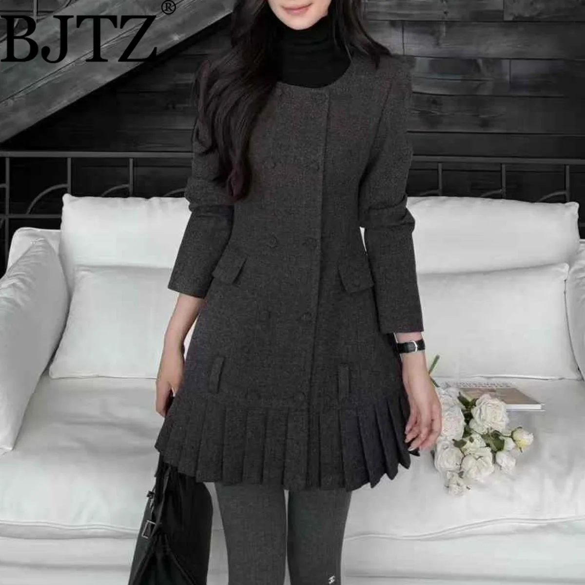 

BJTZ Women’s 2025 Winter French Style Thick Tweed Blazer & A-Line Skirt Set, Oversized Lapel Belted Jacket Elegant Casual Office