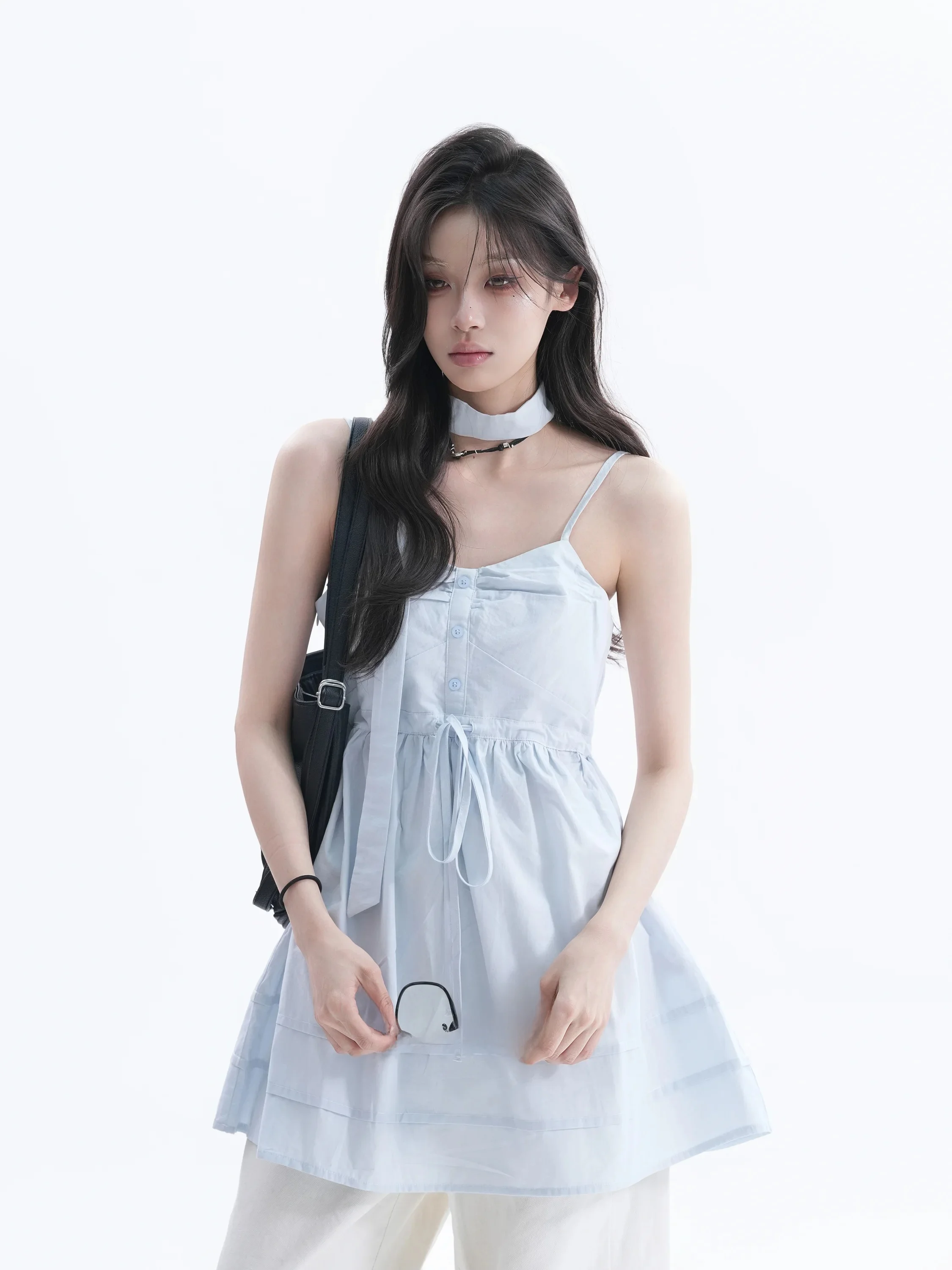 Loose Blue Shirt And Halter Dress Women's Puffy Sleeve Waist Cinched Vest Korean College Style Casual Breathable Cotton Blend