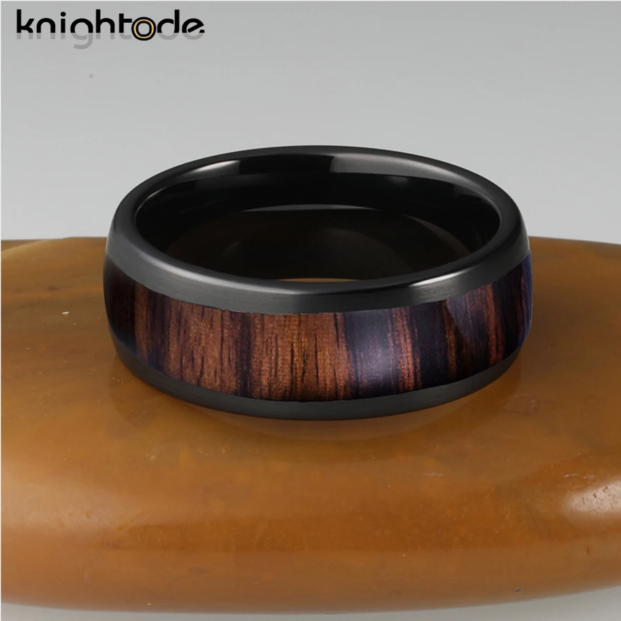 8mm Black Tungsten Carbide Rings Dark Rosewood Inlay For Men Women Wedding Band Dome Brushed Comfort Fit