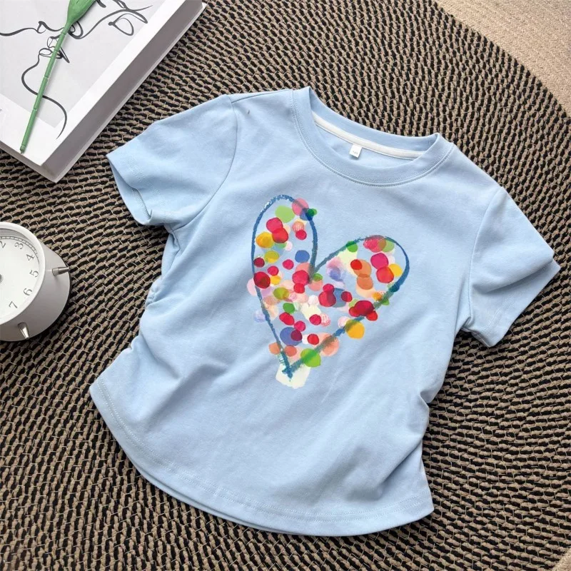 

Детская хлопковая летняя футболка 2026: Новинка, с коротким рукавом, принтом, присборенная на талии, плиссированная, повседневный топ для девочек постарше, стильная одежда