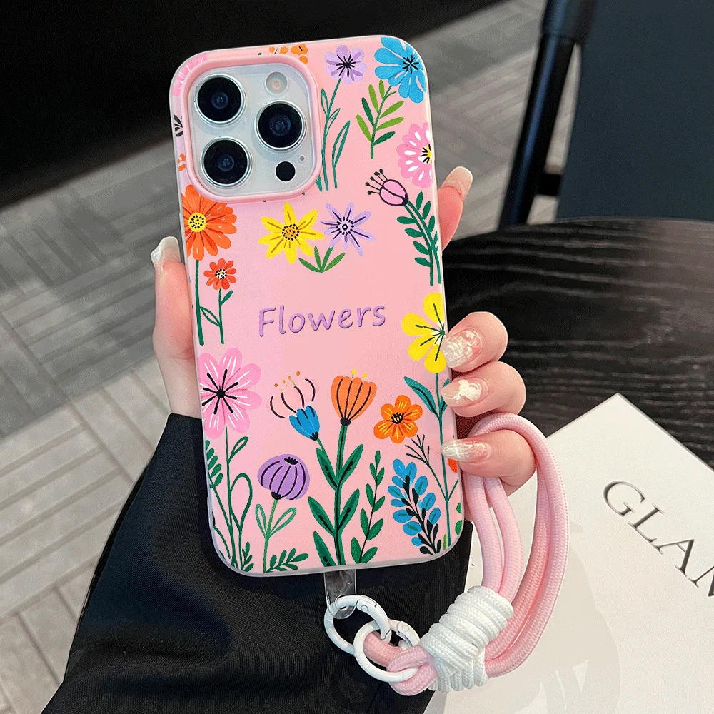 Matte Multicolor Flower Phone Case For Redmi Note 14 13 12 10 11 Pro Plus 5G 4G 14C 15C 13C Bumper Soft Jelly With Lanyard Cover