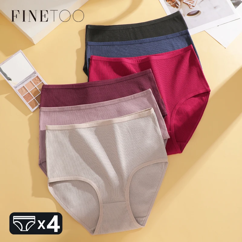 FINETOO 4PCS/SET S-XXL Cotton Seamless Underwear for Women Sexy Striped High Waist Panties Ladies Stretch Comfort Lingerie S-XXL