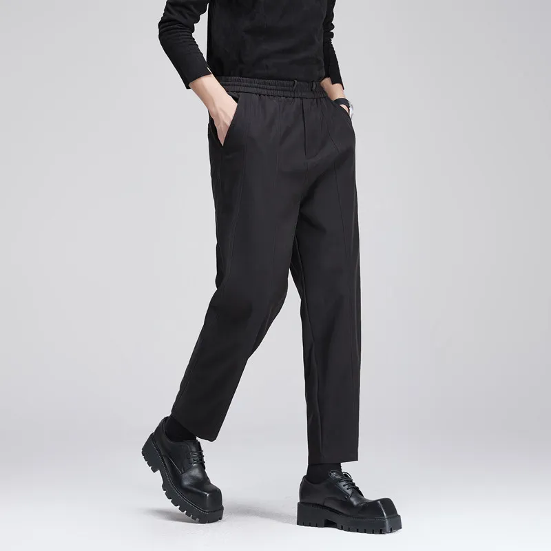 High Quality Autumn and Winter British Wild Cropped Casual Trousers Men's Pu Handsome Drape Black Pants Fashion Pants