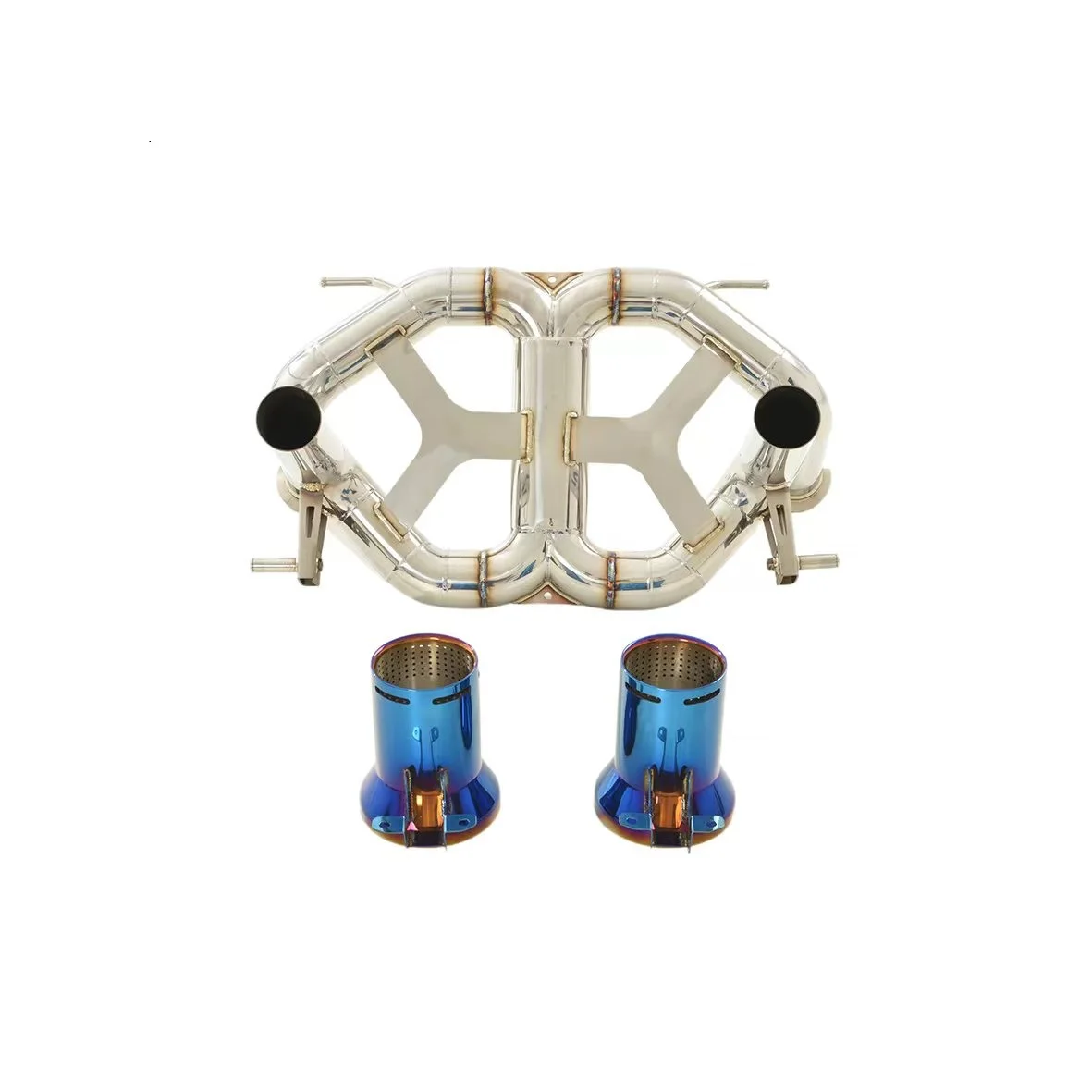 High‑Flow Stainless Steel Rear Exhaust Pipe Assembly For Lamborghini SVJ, Heat‑Tinted Blue Burned Exhaust Tips
