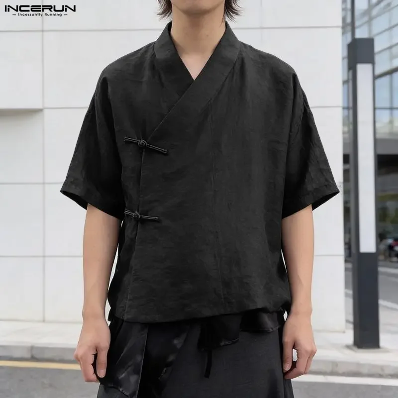 

INCERUN Men's Shirt Solid Color V Neck Short Sleeve Loose Tops Streetwear Summer Camisa Vintage Casual Menswear Clothing S-5XL