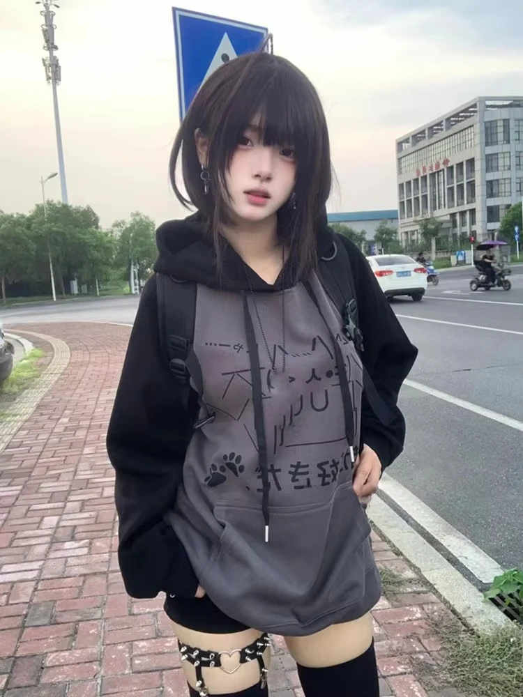 Japanese Kawaii Y2k Aesthetic Patchwork Hoodies Women Vintage Cartoon Print Streetwear Harajuku Loose Pocket Sweatshirt Tops