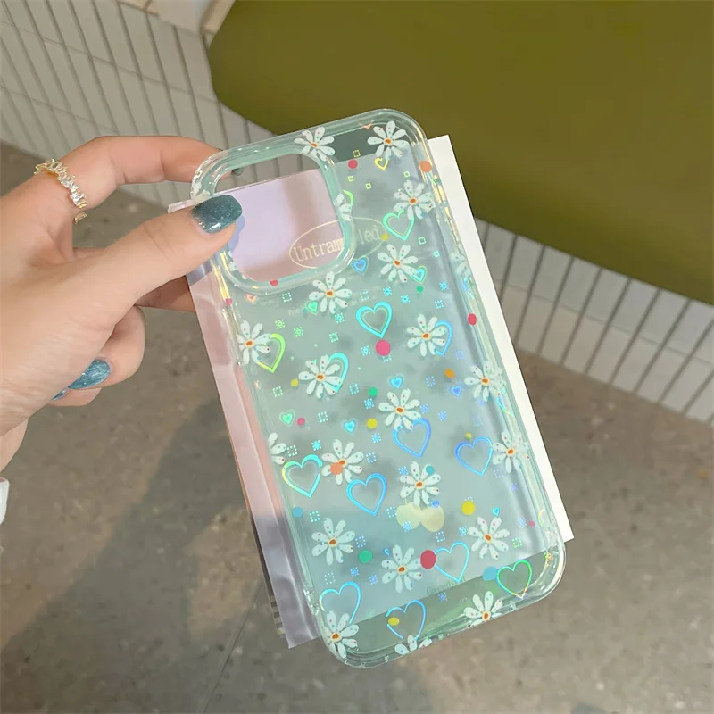 Korean Cute Daisy Flower Laser Heart Phone Case For iPhone 15 Pro 14 12 13 Pro Max 14pro Cover Silicone Shockproof Cases Women