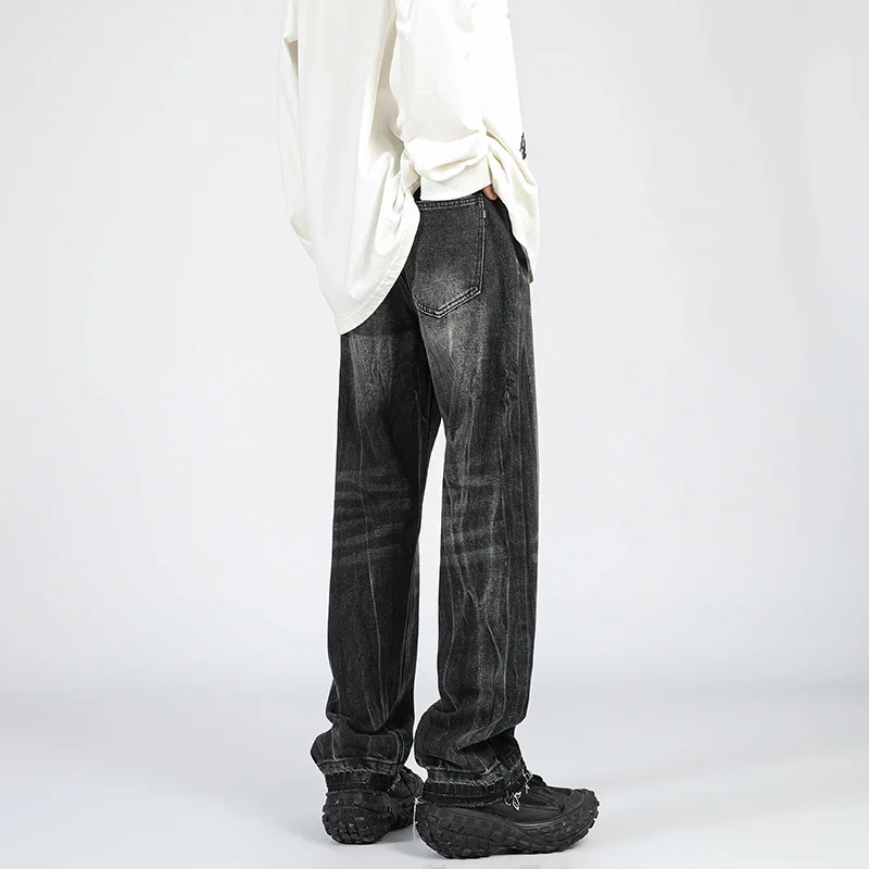 Vintage straight tube raw edge jeans men's street trendy texture, handsome speaker casual pants cargo pants men  men clothing