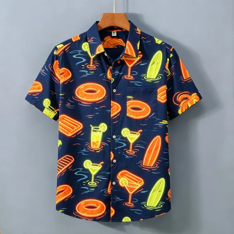 Men's Neon Printed shirt, Short Sleeved Shirt With pockets, Colorful Party Atmosphere top, Suitable For Daily Wear And Vacation