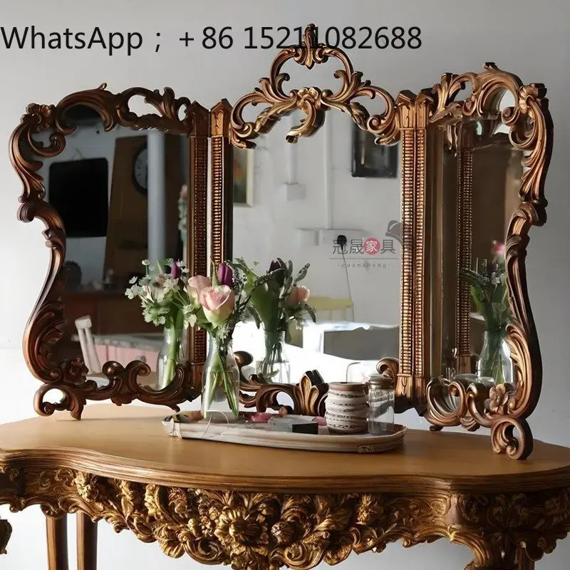 SCY retro makeup mirror carved three-fold vanity mirror desktop special-shaped decorative three-sided mirror