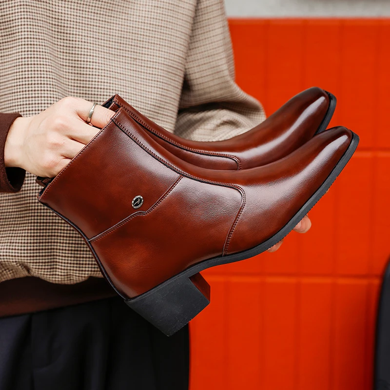 Men Height Increasing High Heel Ankle Boots Side Zipper Square Toe PU Leather Thick Block Heel Short Boots For Men Daily Wear