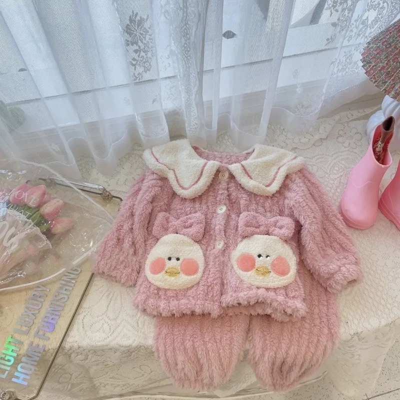 

Children's Fleece-Lined Thickened Pajamas Autumn Winter Style Cute Cartoon Homewear Set for Girls