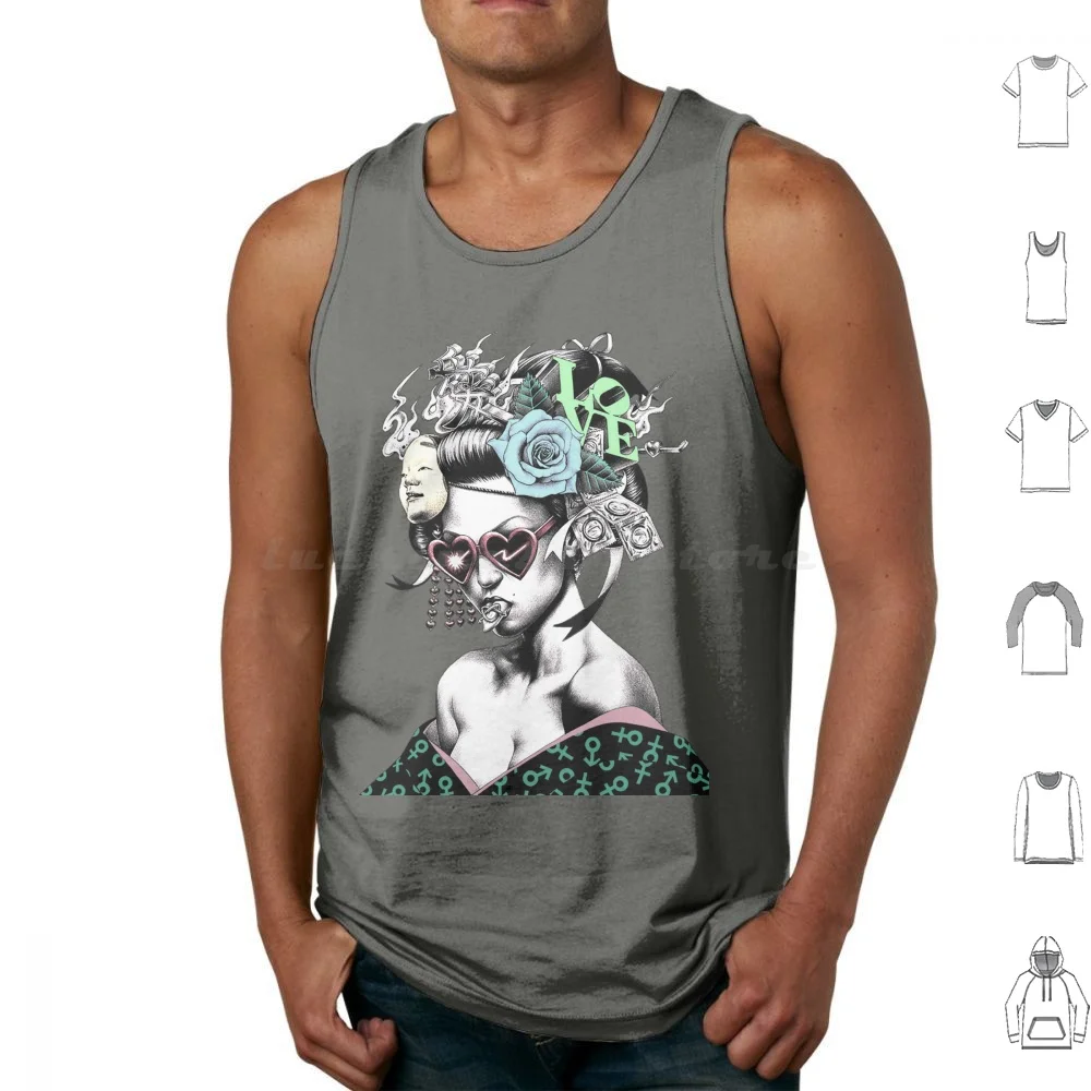 Vaporwave Geisha Urban Style Tank Tops Print Cotton Steam Wave Japanese Hipster Future Fashion Urban Style
