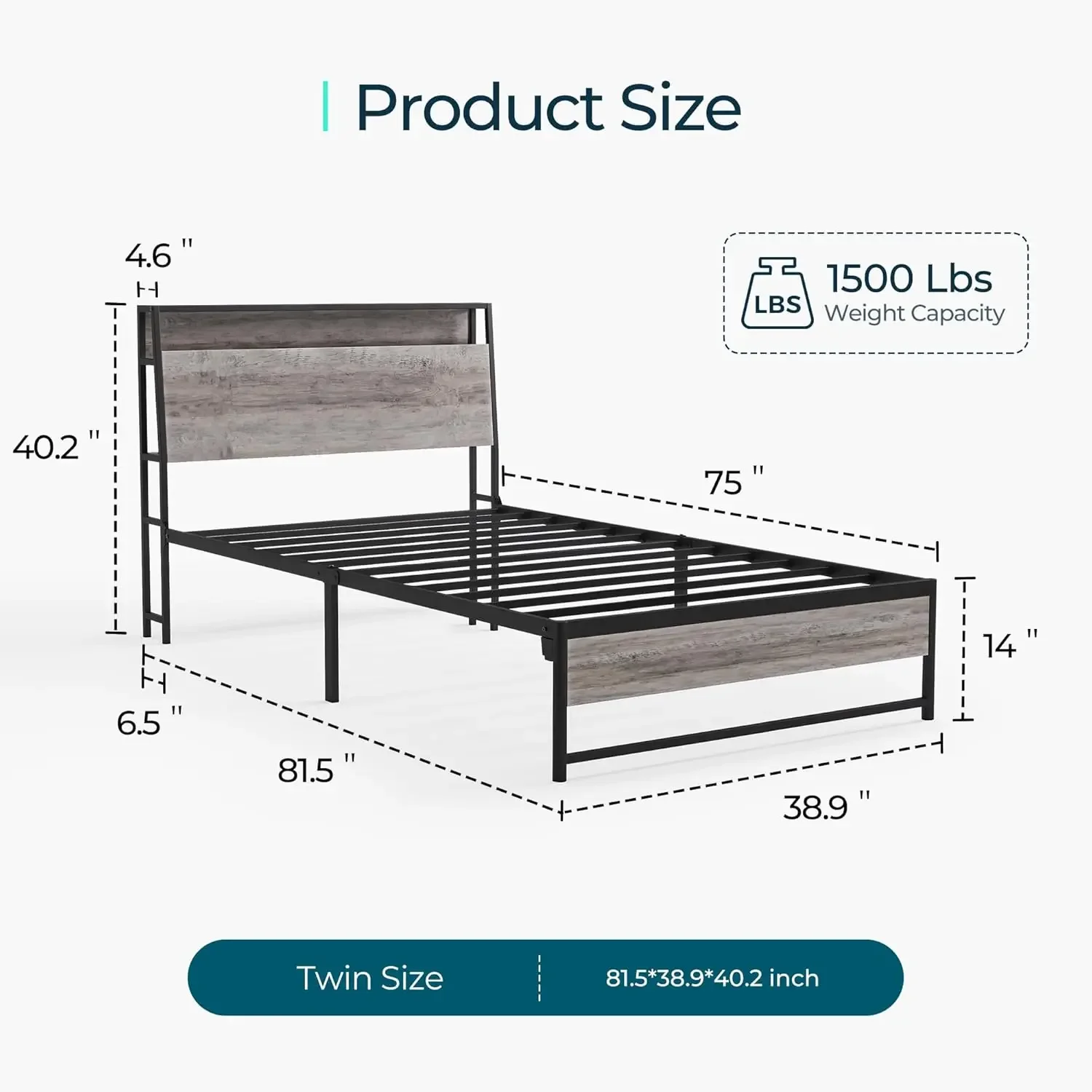 Twin Bed Frame with Ergonomic Headboard, 14 inch Fast Assembly Metal Bed with LED Lights, Outlets & USB, Kids Twin Size